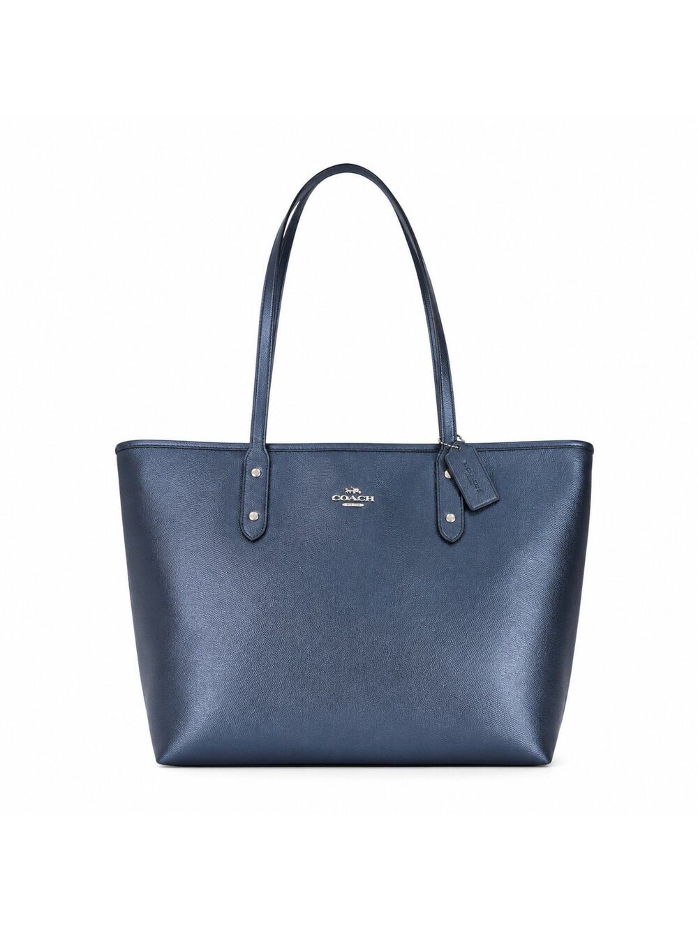 Coach City Zip Tote Metallic Blue Navy Crossgrain Leather Shoulder Bag Handbag